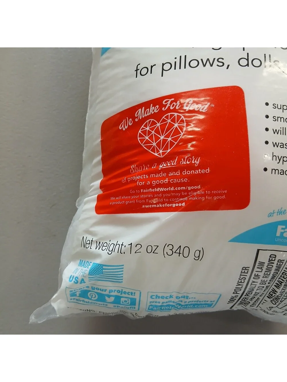 Fairfield Original Poly-Fil Premium Polyester Fiber Fill Stuffing 12 oz Bag NEW